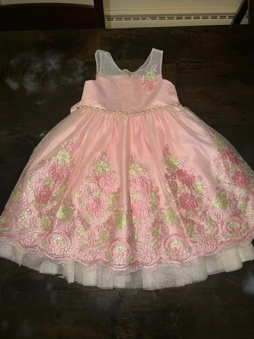 American Princess Girls Pink Floral Tulle Dress with Pearl   Waist size 6x/7